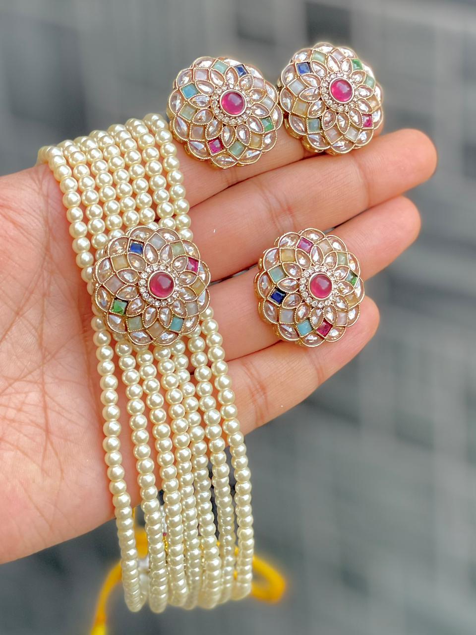 Reverse Ad Pearl Chokker With Beautiful Tops And Ring Combo